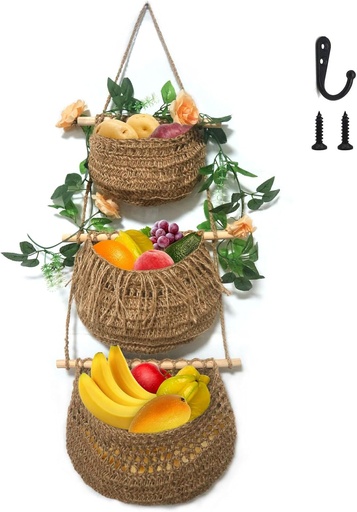[BRSRAGLQCEHQEELZ] Hanging Fruit Baskets for Kitchen 3-Tier Handmade Bohemian Wall Baskets for Organizing & Decorating Living Room Bedroom Wall Hanging Basket for Onion Storage & Fruit Storage