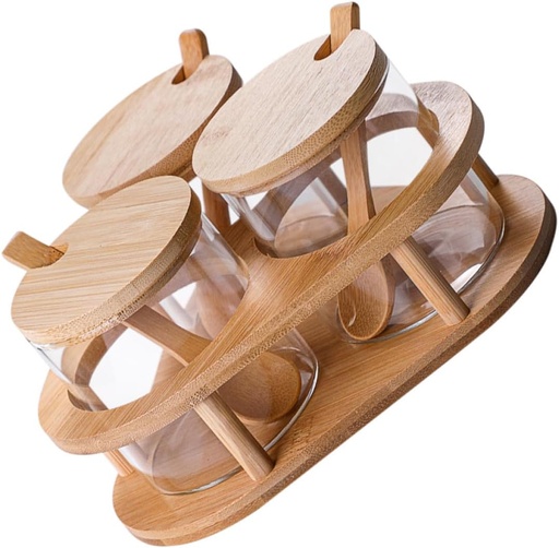 [BRSRAGA2AQNGKG3X] 1set Glass Seasoning Container Bamboo Spoon and Lid Kitchen Spice Jar Set for Condiments Food Storage and Organizing Seasoning Box