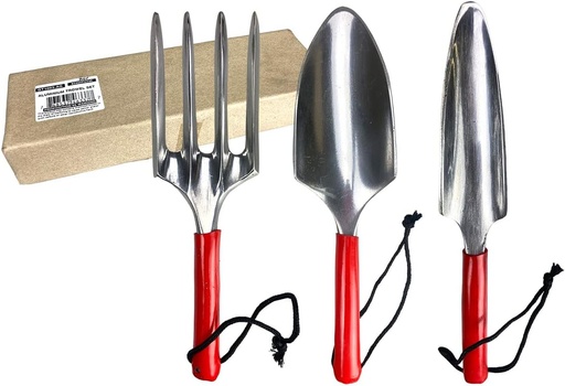 [BRSRMH3RDINRUALZ] HOMEGARDEN Deluxe Gardening Hand Tool Set | 3-Piece Collection | Hand Fork, Trowel & Transplant Trowel | Steel Finish with Vibrant Red Handles
