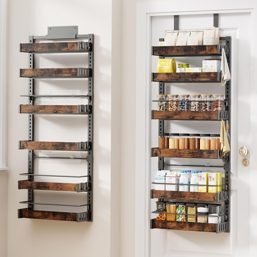 [BRSREYD5O56GOG3D] 6 Tier Over The Door Pantry Organizer, 2 IN 1 Wall Mount or Metal Hanging Spice Rack for Pantry Organizers and Storage, Seasoning Shelves，Adjustable Basket with Hooks for Kitchen Cabinet and Closet