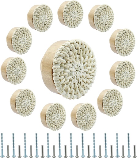 [BRSROAAKCAPRU33A] 12pcs Rattan Dresser Knobs - Boho Wicker Drawer Knobs, Natural Wooden Decorative Cabinet Pulls for Pantry, Cupboard, Furniture (White, Large)