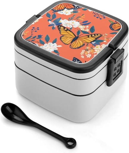 [BRSRACQPOEORAFLK] Monarch Butterfly Portable Bento Box with Handle 2 Compartment Leak-Proof Stackable Lunch Box for Work Picnic Camping