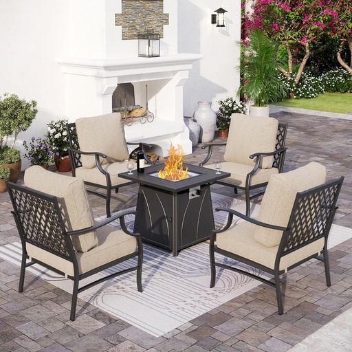 [BRSRO2QBCQPW2ADJ] Patio Furniture Set with Firepit Table, 5 Piece Metal Outdoor Patio Furniture set for 4, 4 Single Chairs with 5.75" Extra Thick Cushion and Gas Firepit Table for Backyard Poolside Deck