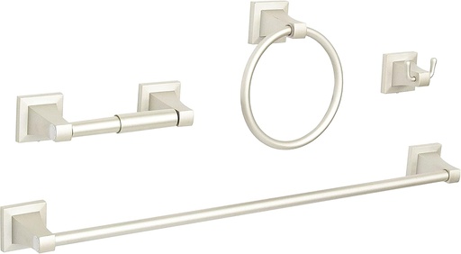 [BRSW2FIFPMORADIU] Kenney AZ63504REM Fast Fit Easy Install 4-Piece Bathroom Hardware Set with 24" Towel Bar, Standard Toilet Paper Holder, Towel Ring, and Double Towel Hook with Square Accents, Brushed Nickel