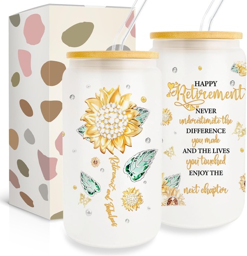 [BRSRAH35OAGQ4DLP] Retirement Gifts for Woman Friend, Sunflower Gifts for Friends, Sunflower Gifts, Leaving Job Go Away Gift for Coworkers, Cool Retired Gifts, Happy Retirement Party Gifts, 16oz Can Glass Cups