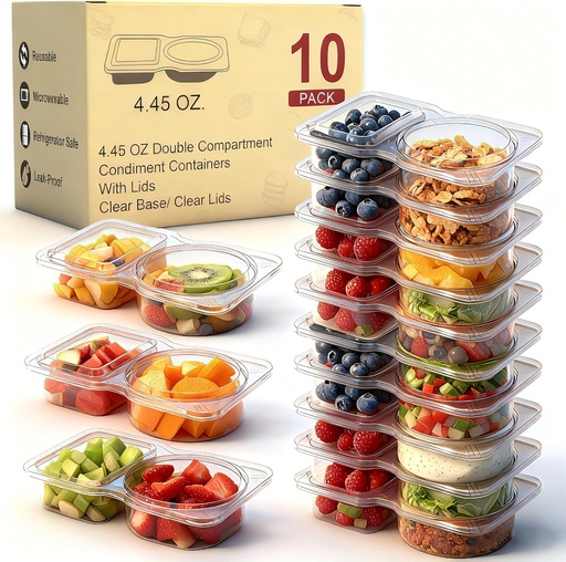 [BRSREYYNOR6R6GTV] Reusable Snack Containers & Snack Pack Containers – 2 Compartment Meal Prep Containers with Lids, Double Condiment Containers, Portable Snackle Box (10 Set)