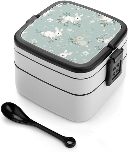 [BRSRAZYNPMIGMFDU] Rabbit And Flowers Bento Box with Compartments Double Layer Bento Lunch Box with Spoon And Handle All-in-One Adult Lunchbox Leakproof Lunch Container for Work Picnic Travel