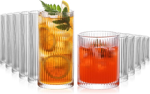 [BRSRA2QZCEARYH3P] INSETLAN 12-Piece Ribbed Glassware - 6 Highball Glasses 12 oz, 6 Rocks Glass Cups 14 oz, Vintage Cocktail Drinking Glasses, Ideal for Wine, Juice, Water, Ice Coffee Cup, Whiskey, Mixed Drinkware