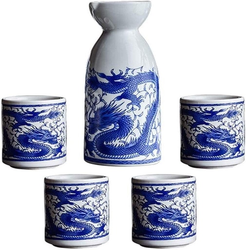 [BRSRAAYZCQBRGFA7] Ceramic Wine Glass Set, SsangYong Pattern Design Craft Cup 5 Cups of Sake, Used for Cold/hot/Shochu/Tea is The Best Gift for Family and Friends