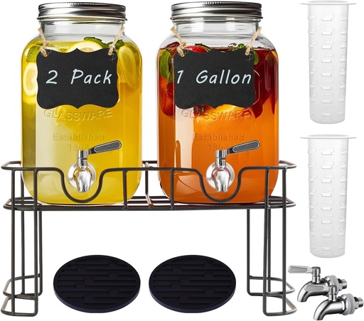 [BRSRAYIZOUBW2AD5] 1 Gallon Glass Drink Dispenser with Stand,2 Pack Glass Beverage Dispenser with Stainless Steel Spigot,Water Lemonade Dispenser for Parties