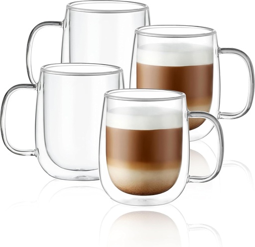 [BRSROZYRPIIQE33G] CNGLASS Glass Coffee Mugs 12oz,Double Wall Insulated Mug Set with Handle,Clear Glass Espresso Mugs for Latte,Cappuccino,Tea Bag,Hot and Cold Beverages,Set of 4