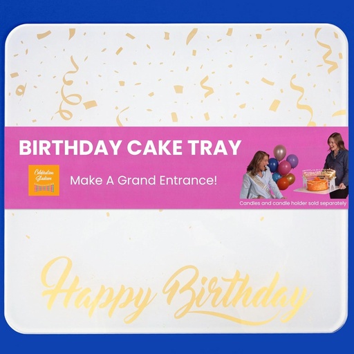 [BRSROZAPCEIA2H3K] Birthday Cake Tray - Durable Acrylic Cake Holder with Happy Birthday Design - Reusable Party Tray Platter - Party Decorations - Dessert Base - 20 ½” W x 18 ½” D (White and Gold)