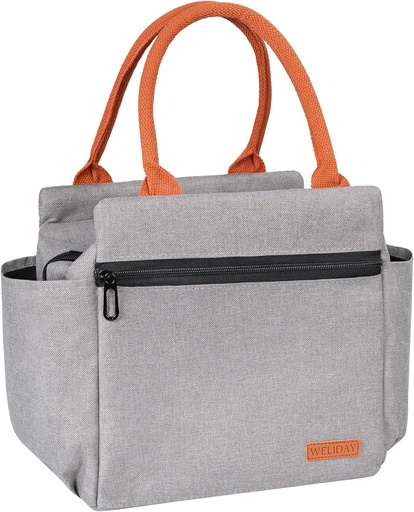 [BRSRABTYOACQO2DG] Lunch Bag Insulated Lunch Box Reusable Leakproof Spacious Cooler Tote for Women Men Adult with Bottle Holder and Front Zipper Pockets for Work Office Travel Picnic (Grey)