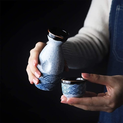 [BRSRA2Q2DIFB4FI2] Sake Set Japanese, Sake Bottle Sake Cups Sake Pot 5 Piece Ceramic Set Sake Pot Set Sea Ripple Series,Ceramic Material,4 Sake Cups,1 Sake Bottle