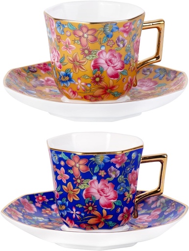 [BRSRE2Q5OUJWY3YY] KAMMAK Tea Cups and Saucers Set of 2, Porcelain Coffee Cup with Saucer for Espresso, Cappuccino, 4.5oz Vintage Yellow and Blue Ceramic Demitasse Mug for Home, Tea Party, Office