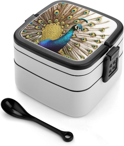 [BRSRAZT6AQNBM3TG] Golden Peacock Bento Box Adult Lunch Box All-in-One Lunch Containers with Removable Compartments Double Layer Bento Lunch Box with Spoon And Handle Stackable Lunchbox