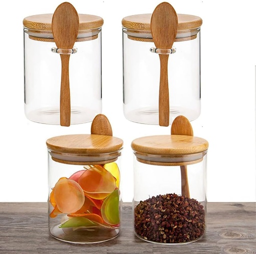 [BRSROZA2BUBRA23D] Airtight Glass Jars With Bamboo Lids And Spoons, 17oz Glass Canisters With Lid For Spice Beans Tea, Sealed Sugar Container, Glass Coffee Containers, Food Jars Canisters, Kitchen Accessories (4pcs)