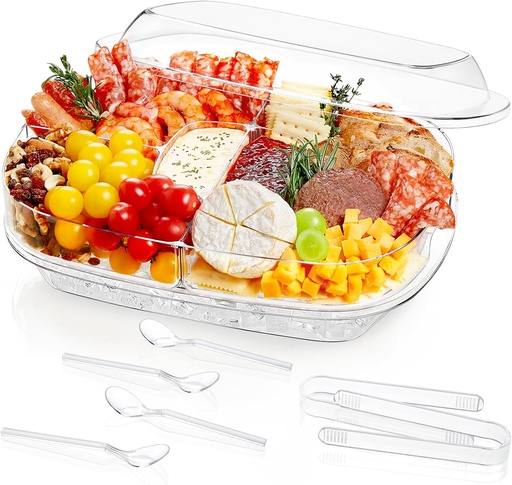 [BRSRAFIOO4CQ23A2] Lifewit Chilled Serving Tray for Parties, 15” Divided Shrimp Cocktail Serving Dish with Lid, Plastic Taco Bar Platter, Ice Serving Bowl for Veggie, Fruit, Salad, Mimosa Bar Supplies in Party/Buffet