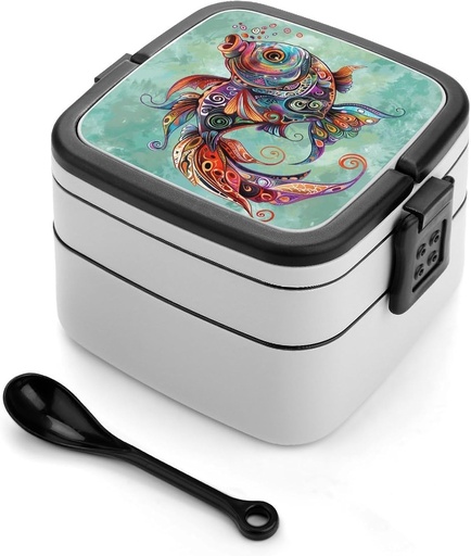 [BRSREHQROYOWADY4] Adult Double-Layer Bento Box Curled Up Fish Portable Lunch Box with Spoon And Invisible Handle Leakproof Microwave-Safe Food Container for Work Travel Camping