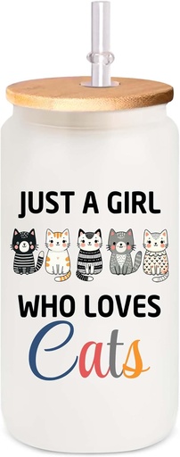 [BRSRAA32CR7B4ELB] Gift For Cat Lovers - Cute Cats Gifts - Christmas Gifts For Cat Lovers - Kitten Coffee Glass For Women - Just A Girl Who Loves Cats - Birthday Gifts For Mom, Sister, Bestie - Kitten Cup For Girl