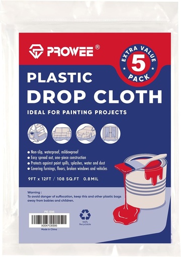 [BRSWYHQBO4JWAHTP] 5 Pack 0.8 mil Plastic Drop Cloth for Painting 9-Feet x 12-Feet Plastic Sheeting Waterproof Paint Floor Cover Plastic Drop Sheet Painters Clear Tarp
