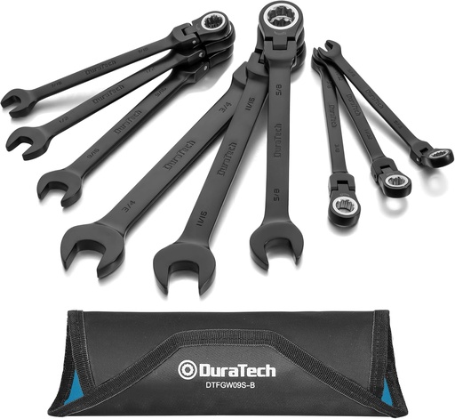 [BRSROHQ7CIMREYLK] DURATECH 9-Piece Flex-Head Ratcheting Wrench Set, Combination Wrench Set, 72 Tooth, SAE, 5/16'' to 3/4'', Black Electrophoretic Coating, CR-V Steel, with Rolling Pouch