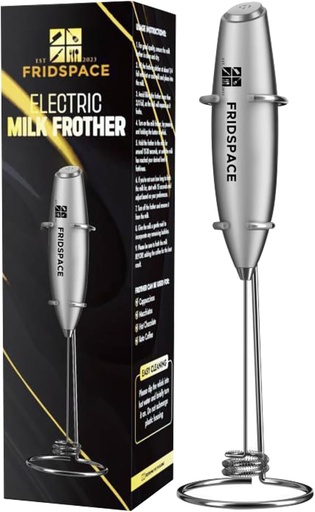 [BRSROFQ7CF4GA3DA] Handheld portable milk frother durable double whisk electric coffee machine, battery operated stainless steel milk mixer with stand, instant foam maker for latte, cappuccino, hot chocolate, Frappe