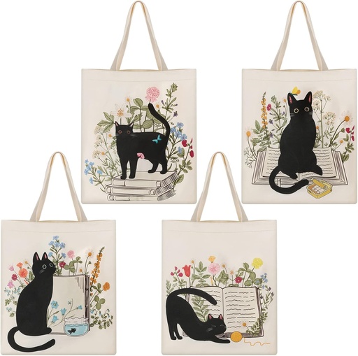 [BRSRMAQKAABWM2TL] Oudain 4 Pcs Canvas Tote Bag for Women Floral Black Cat Canvas Tote Aesthetic Reusable Grocery Bags Cute Gifts for Cat Lover