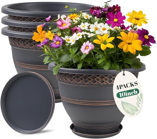 [BRSRAAY7PINBOGTV] 10 Inch 4 Pack Plant Pots, Plastic Flower Pot for Indoor & Outdoor with Drainage Holes & Saucer, Plaid Pattern Planters Garden Pots for Herbs