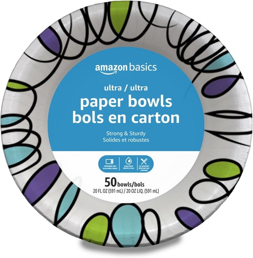 [BRSRAHD6DF7AI2A2] Amazon Basics Ultra Paper Bowls, 20 Oz, Disposable, 50 Count, White (1 pack of 50)