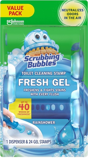 [BRSWIGA4A4GGCEDK] Scrubbing Bubbles Fresh Gel Toilet Bowl Cleaning Stamps, Helps Keep Toilet Clean and Helps Prevent Limescale & Rings, Rainshower Scent, 1 Dispenser with 24 Fresh Gel Stamps