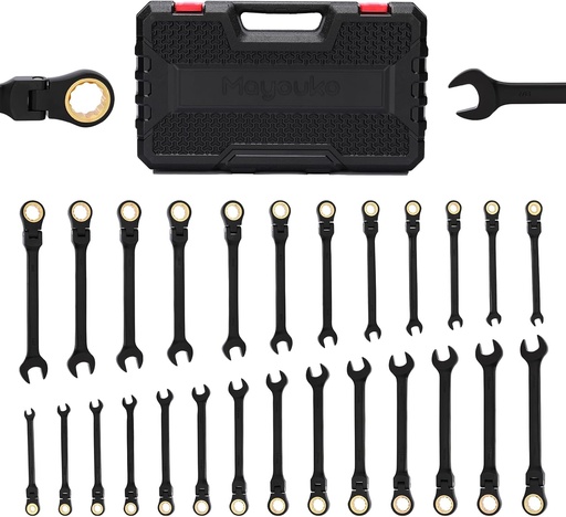 [BRSRE2YZOQCQIDL3] Mayouko 26PCS Flex Head Ratcheting Combination Wrench Set, SAE 1/4"-7/8" & Metric 6-22mm, 12 Point, 72 Tooth, Cr-V Steel with Black Chrome Finish