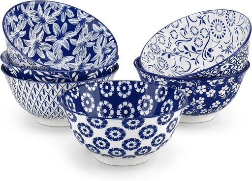 [BRSRE2YQOIIBYC3K] vancasso SELENE 24 oz Cereal Bowls set of 6, Ceramic Soup Bowls for Kitchen, Dishwasher & Microwave Oven Safe- for Cereal, Soup, Pasta, Salad, Blue & White Floral Design Bowl Set