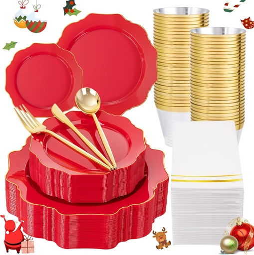 [BRSREFQCBYCQ22YU] WDF 175Pcs Red Plates - Red Plastic Plates with Gold Rim - Fancy Disposable Dinnerware Sets Ideal for Party/Wedding/Christmas