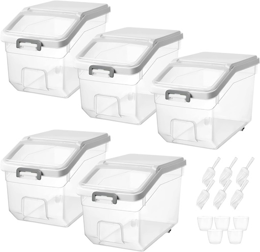 [BRSREZY6OYPAAELP] 5 Pcs Rice Storage Container with Wheels 28 lb Airtight Flour Cereal Grain Organizer Box with Measuring Cup and Flour Scoops Clear Cube Pet Food Bin for Dog Cat Birds Baking Supplies