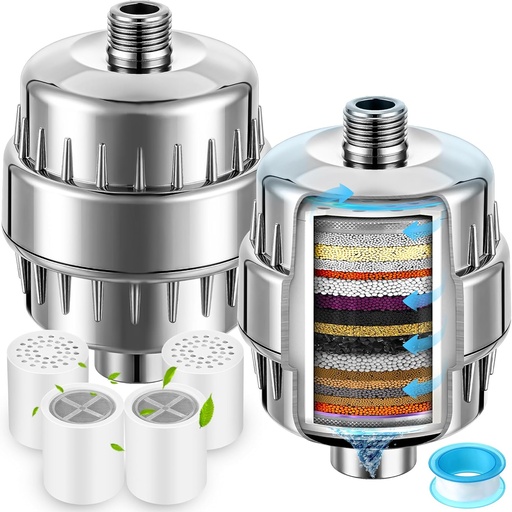 [BRSRMFIQOEHGC2DP] 2 Pcs Shower Filter with 4 Pack 20 Stage Shower Filter Replacement, Heavy Duty Water Softener to Remove Chlorine, Fluoride, Heavy Metals, Iron, Improve Your Skin and Hair
