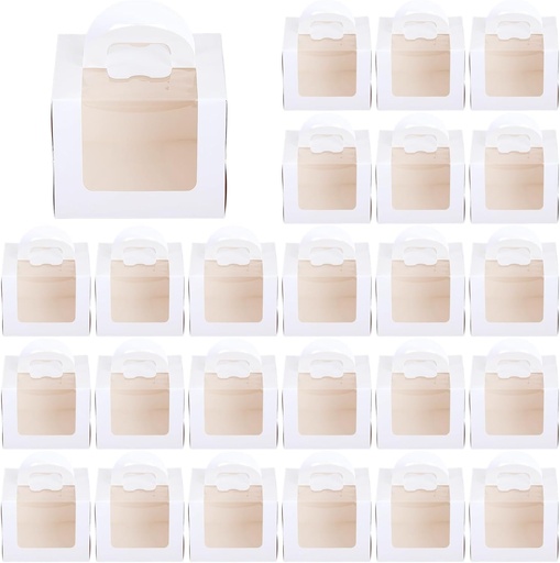 [BRSREEIEBF4BECLF] 25 PCS Cake Boxes with Handle, White Paper Bakery Containers, 3 in Mini Cake Carrier with Insert, Clear Window Display, Suitable for Party, Wedding, Birthday, Present, 5.3 x 5.3 x 3.9 in