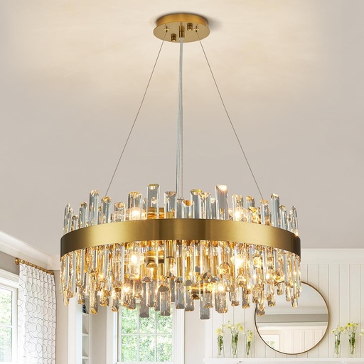 [BRSW2HYHBAARUELD] Siljoy Modern Crystal Chandelier 12-Light Brushed Gold 2-Tiers Crystal Raindrop Chandelier Adjustable Flush Mount Pendant Ceiling Light Fixture for Dining Living Room Foyer Entryway D23.6''