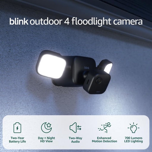 [BRSRABD5CUNRSF3J] Blink Outdoor 4 Floodlight Camera — Wireless smart security camera, 700 lumens, two-year battery life, enhanced motion detection, Sync Module Core included — 1 camera system