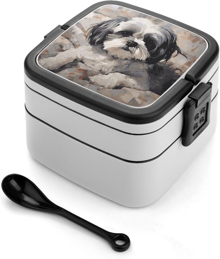 [BRSRA23ROUJQYGQZ] Shih Tzu Bento Box with Compartments Double Layer Bento Lunch Box with Spoon And Handle All-in-One Adult Lunchbox Leakproof Lunch Container for Work Picnic Travel