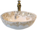 Ceramic Bathroom Vessel Sink Flower Shape White Porcelain Vessel Sinks Ceramic Vessel Sink For Bathroom Golden Pattern Round Bowl Sinks Above Counter Vanity Top