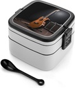 Adult Double-Layer Bento Box Musical Instrument Guitar Portable Lunch Box with Spoon And Invisible Handle Leakproof Microwave-Safe Food Container for Work Travel Camping