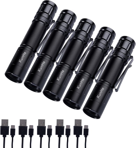 [BRSREAYHOEBB4DTP] KunHe 5 Pack Rechargeable LED Aluminum Flashlight 180 Lumens Brightness Detachable Double-Sided Clip Adjustable Brightness for Home Power Outages Emergency Dog Walking Traveling Christmas Gifts