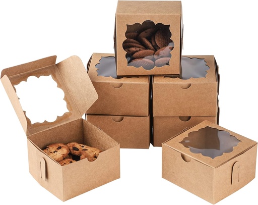 [BRSWGBTRARYQMC3V] 50pcs Cookie Boxes with Window Bakery Boxes Small Treat Boxes Mini Pie Boxes Pastry Boxes 4x4x2.5in(Brown)
