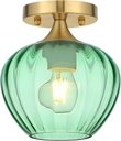 Green Glass Ceiling Light Fixture, 7" Modern Small Semi Flush Mount Ceiling Light with Glass Shade Brushed Gold Lighting Fixtures Ceiling Lamp for Hallway Entryway Foyer Sink Bathroom