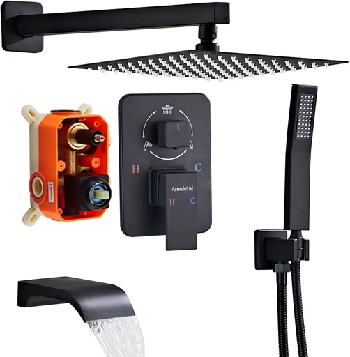 [BRSRAGDRA54BSA3J] 10" Matte Black Shower Faucet Set – Square Rainfall Showerhead + Handheld & Waterfall Spout, Wall-Mounted, Anti‑Clog Silicone – Modern Bathroom Hardware