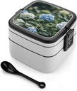 Double Layer Bento Box for Adults Hydrangea Print Stackable Bento Box Removable Lunch Boxes for Dining Out,Work