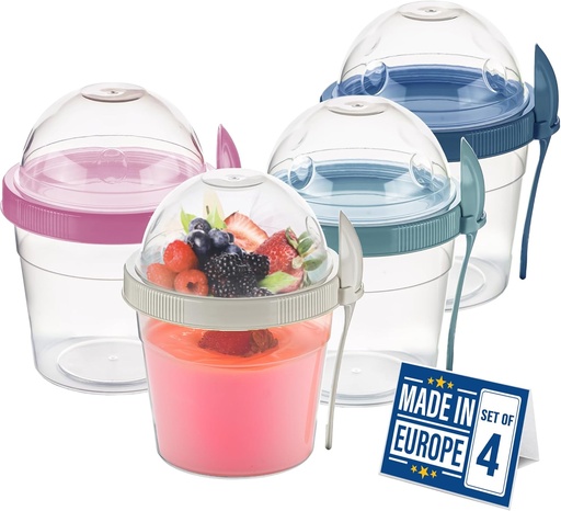 [BRSRAH37BZ4GEAI3] Crystalia 4 Pack 17 oz On The Go Yogurt Parfait Cups with Lids, Topping Compartment & Spoons, Cereal Oatmeal Salad or Fruit Container - Reusable Leak Proof Container - Colorful