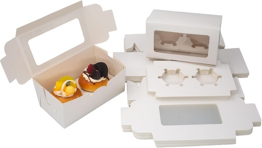 [BRSRABI2ARYQ4ADD] White Cupcake Boxes, Premium Sturdy Cupcake Carriers with Inserts and Clear Window Perfect for Cupcake Package and Presentation(Holds 2, Pack of 30)