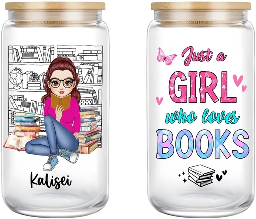 [BRSREAT3OAJWK2TL] Personalized Just A Girl Who Loves Books Glass Cups Book Tumbler, Custom Name Reading Glass Iced Coffee Cups with Lids and Straw, Christmas Birthday Book Lovers Gifts for Women Bookish (Style 02)